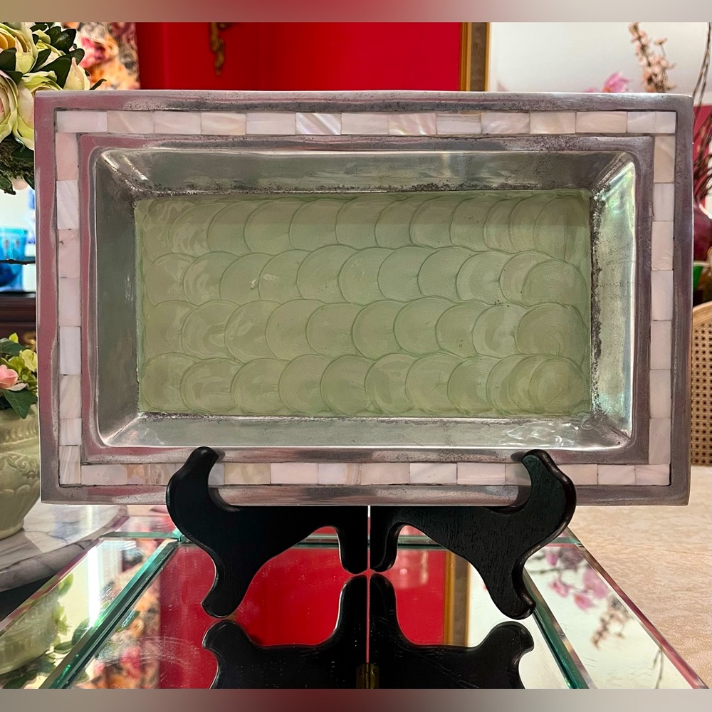 JULIA KNIGHT 12” Vanity Tray Aqua Thumbprint Swirl Enamel & Mother of Pearl
